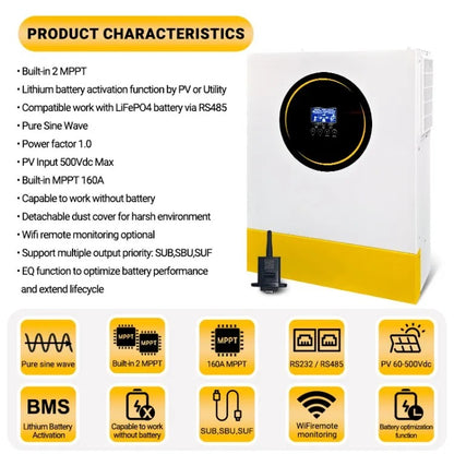 Anenji 11KW 48V 230v Hybrid Solar Inverter Pure Sine Wave Off-Grid+On-Grid 2*MPPT External WiFi