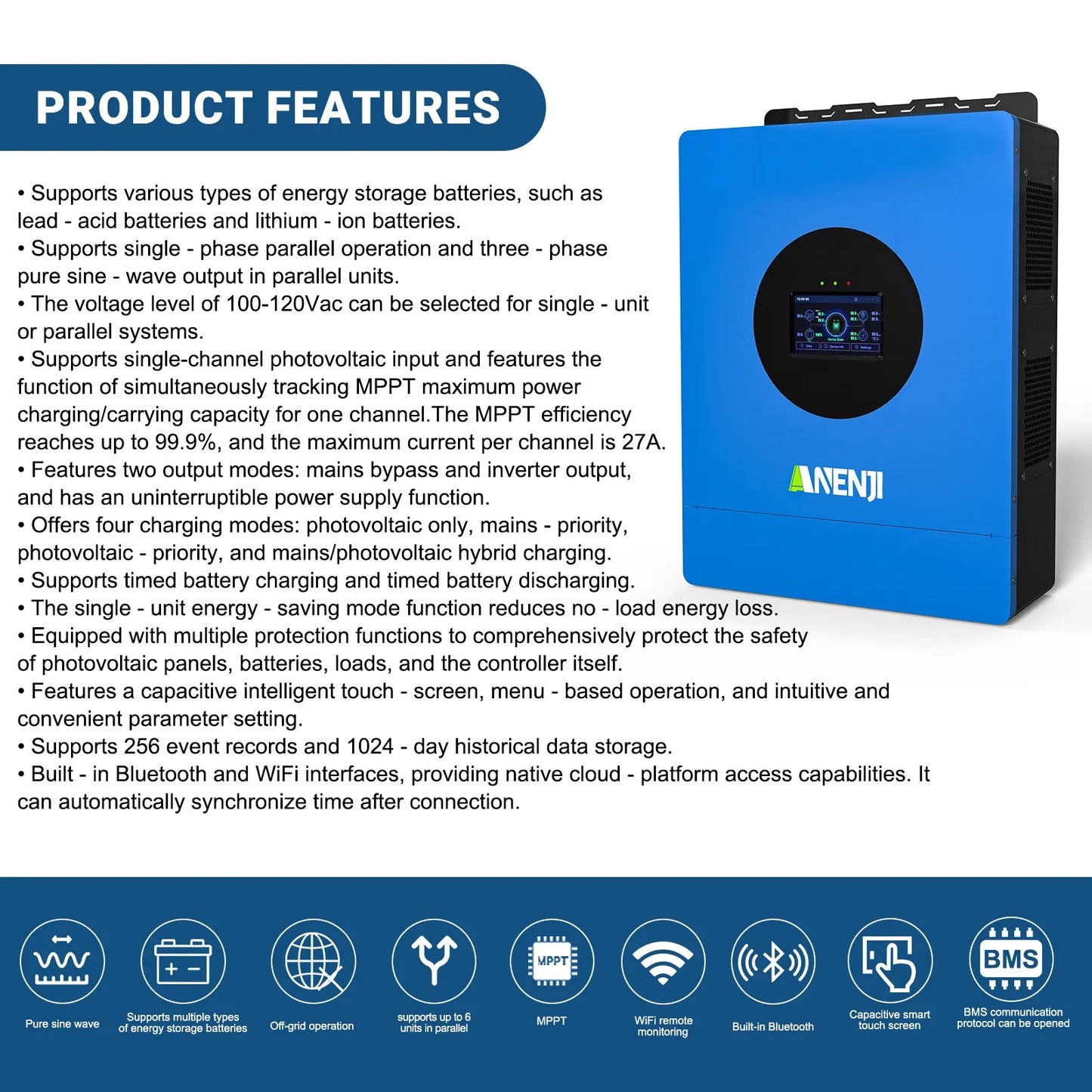 Anenji 6KW 48V Hybrid Solar Inverter Single-phase 120V MPPT Charger Parallel Connection of 6 Units