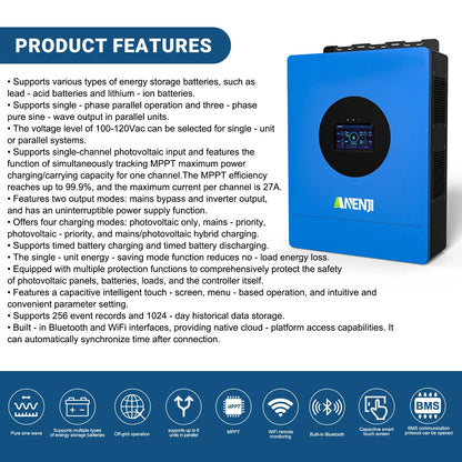 Anenji 6KW 48V Hybrid Solar Inverter Single-phase 120V MPPT Charger Parallel Connection of 6 Units