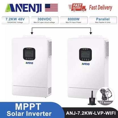 Anenji 7200W Hybrid Solar Inverter 48V 120V/240V Split Phase MPPT Charger Controller