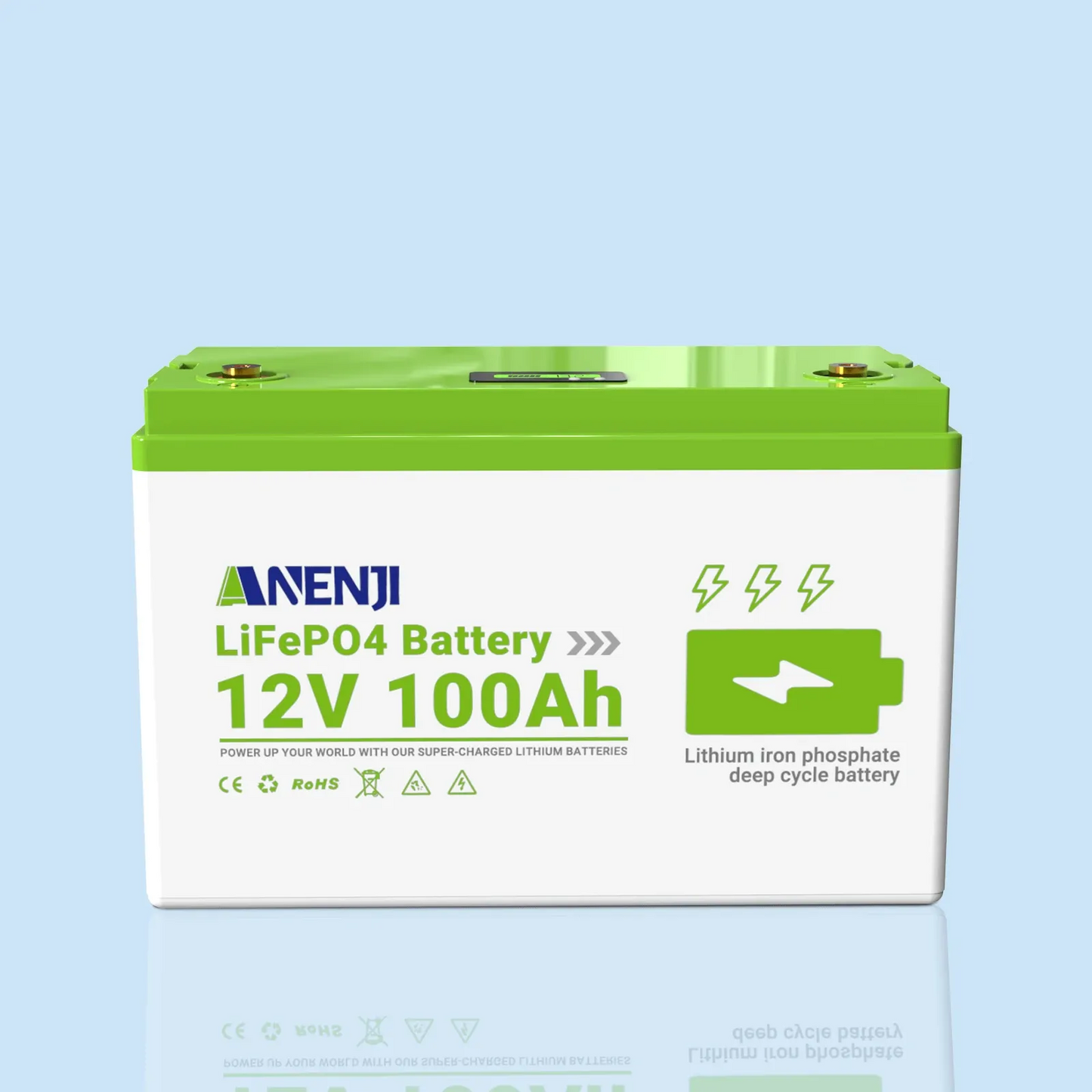 Anenji 12V 100AH LiFePO4 Battery 1.28Kwh 6000+ deep cycles Built-in BMS