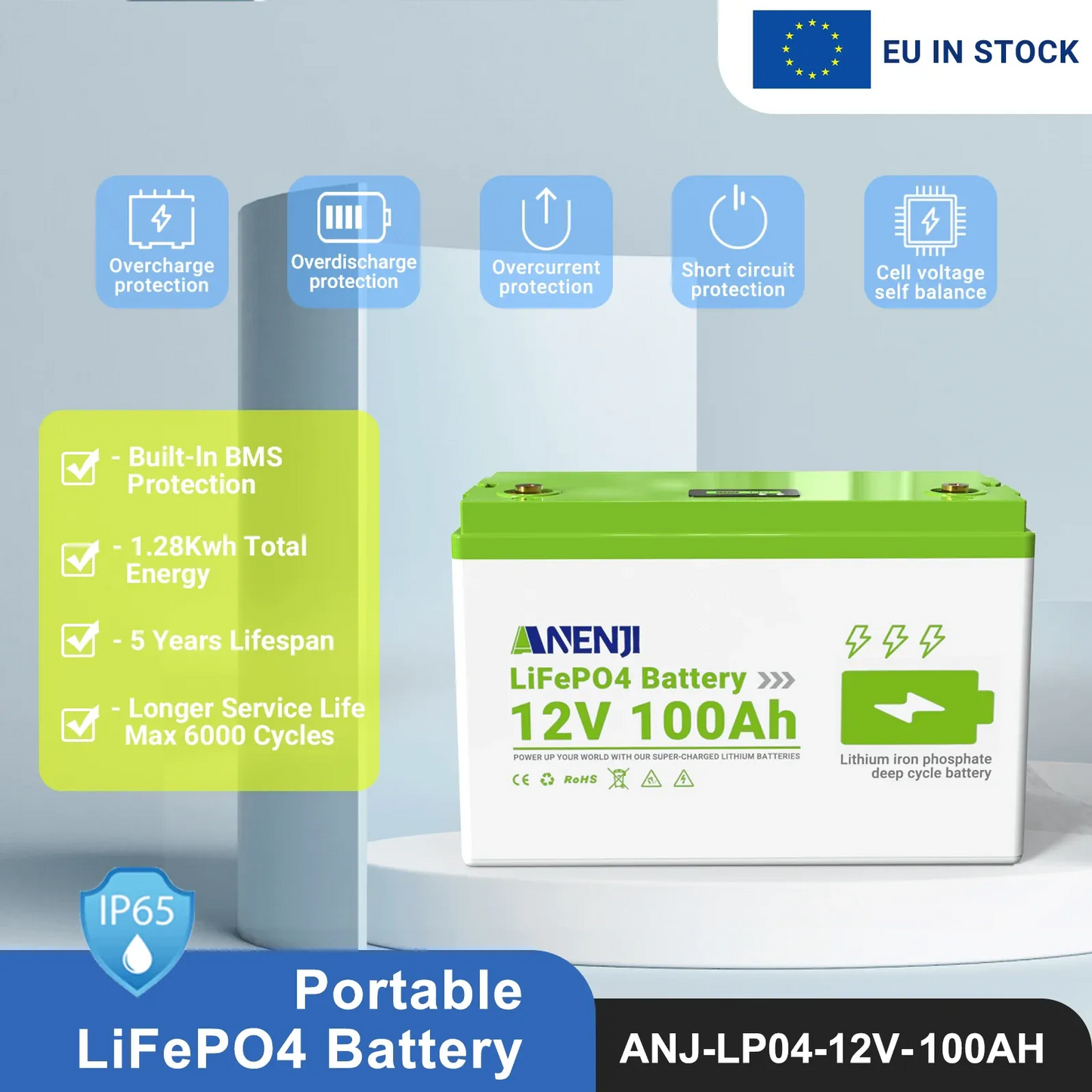 Anenji 12V 100AH LiFePO4 Battery 1.28Kwh 6000+ deep cycles Built-in BMS