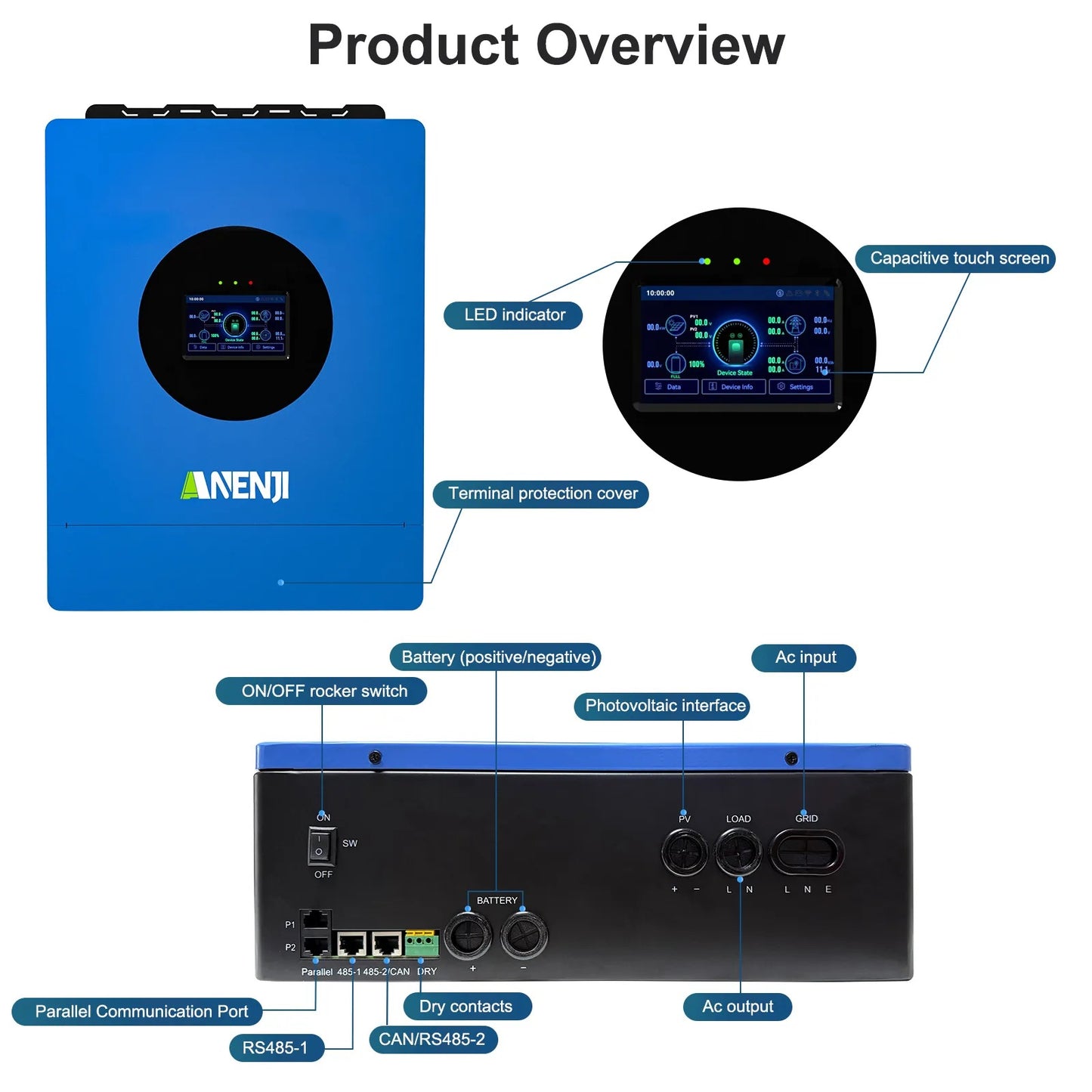 Anenji 6KW 48V Hybrid Solar Inverter Single-phase 120V MPPT Charger Parallel Connection of 6 Units